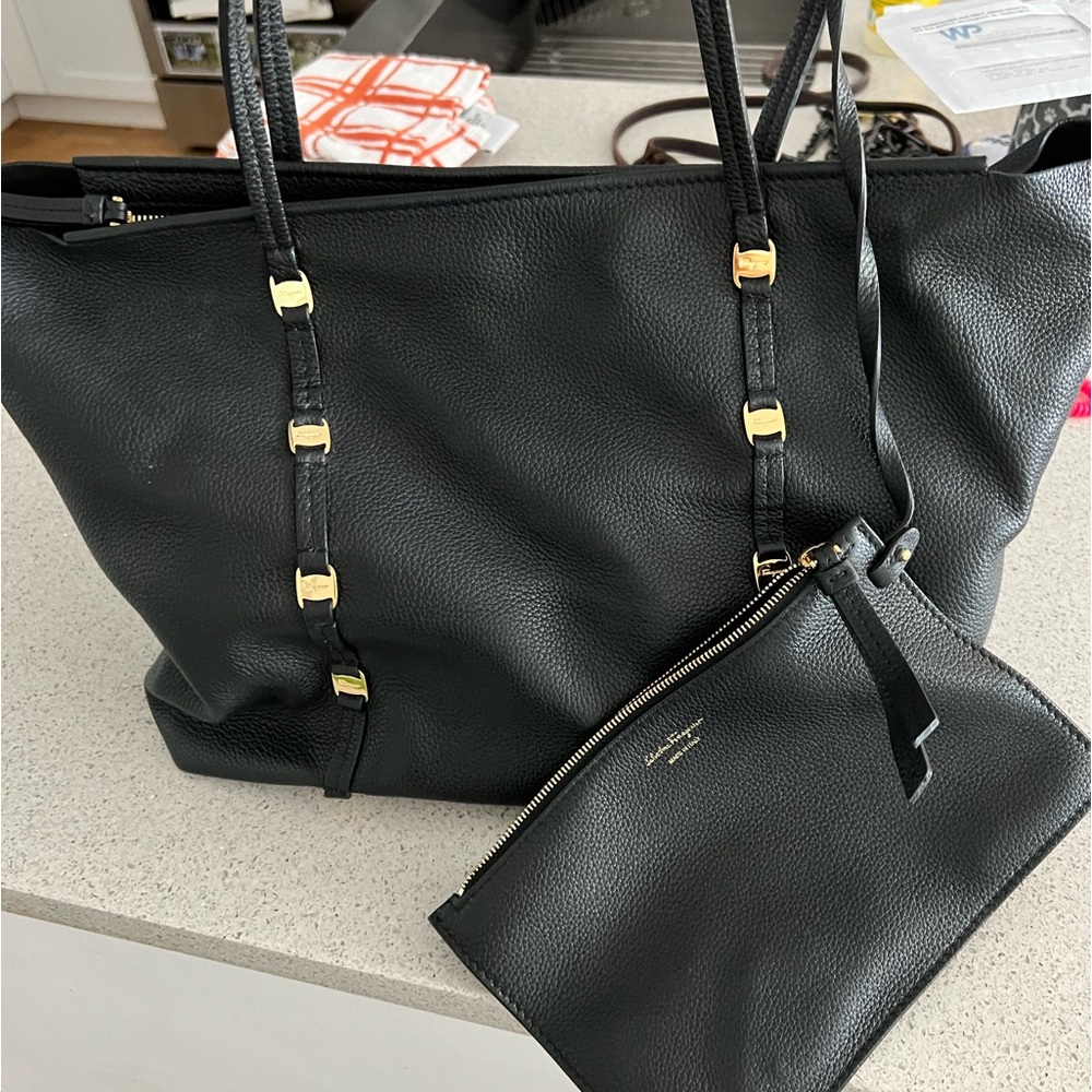 Ferragamo Black Pebbled Leather Tote with Gold Stud Accents.